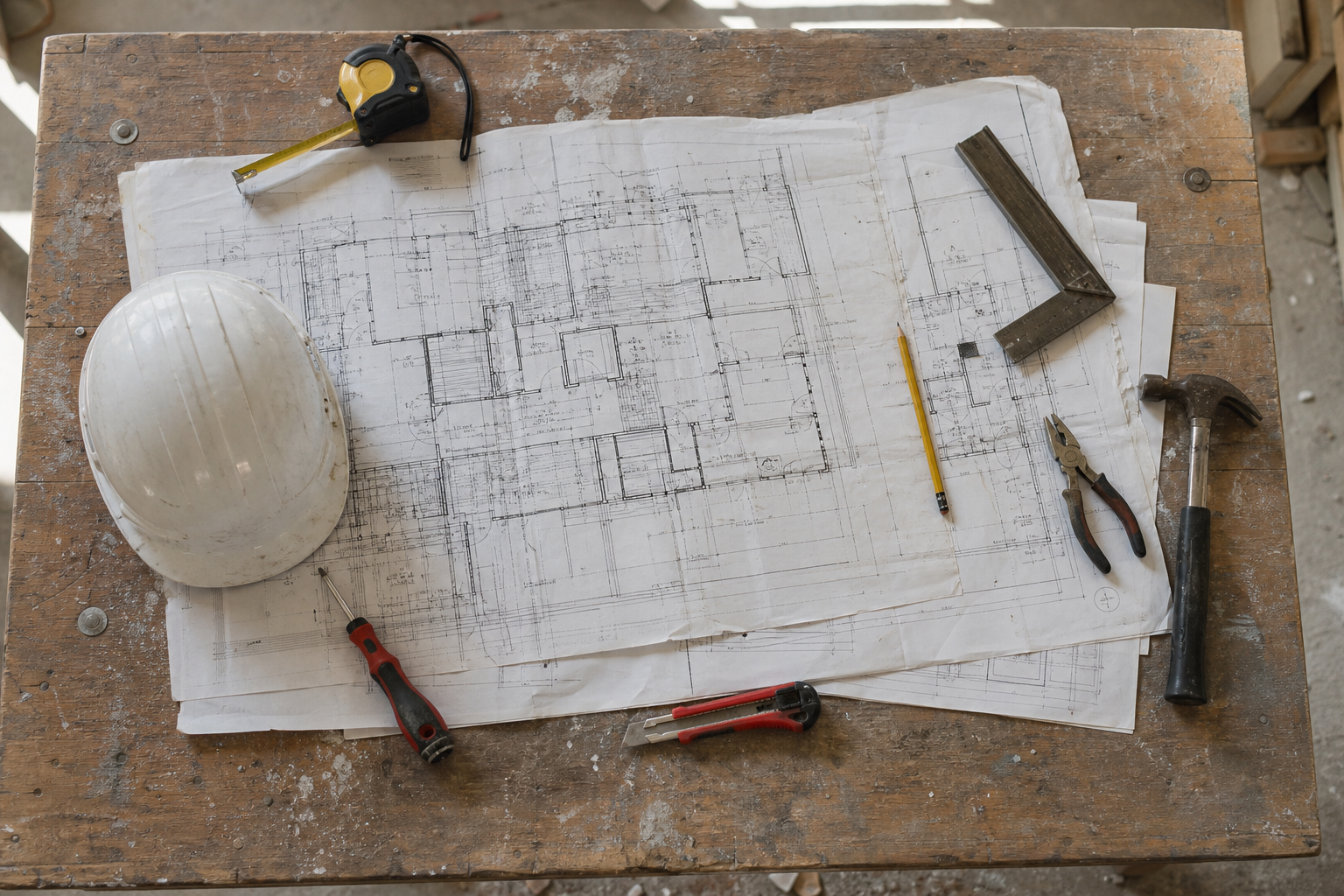 Table de chantier avec plans, mètre et outils lors du diagnostic