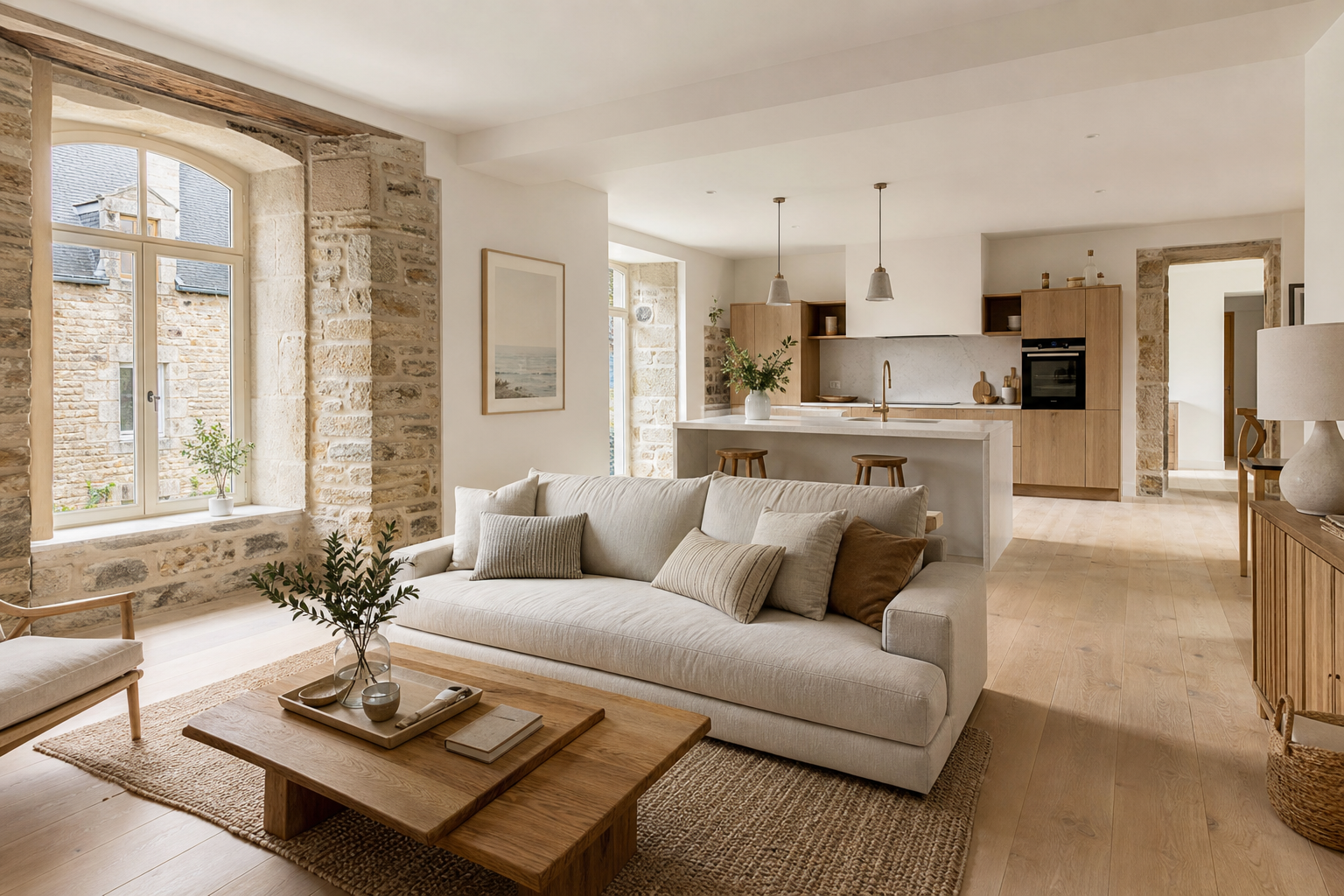 Salon et cuisine ouverte entièrement rénovés, maison en pierre à Vannes, lumière naturelle