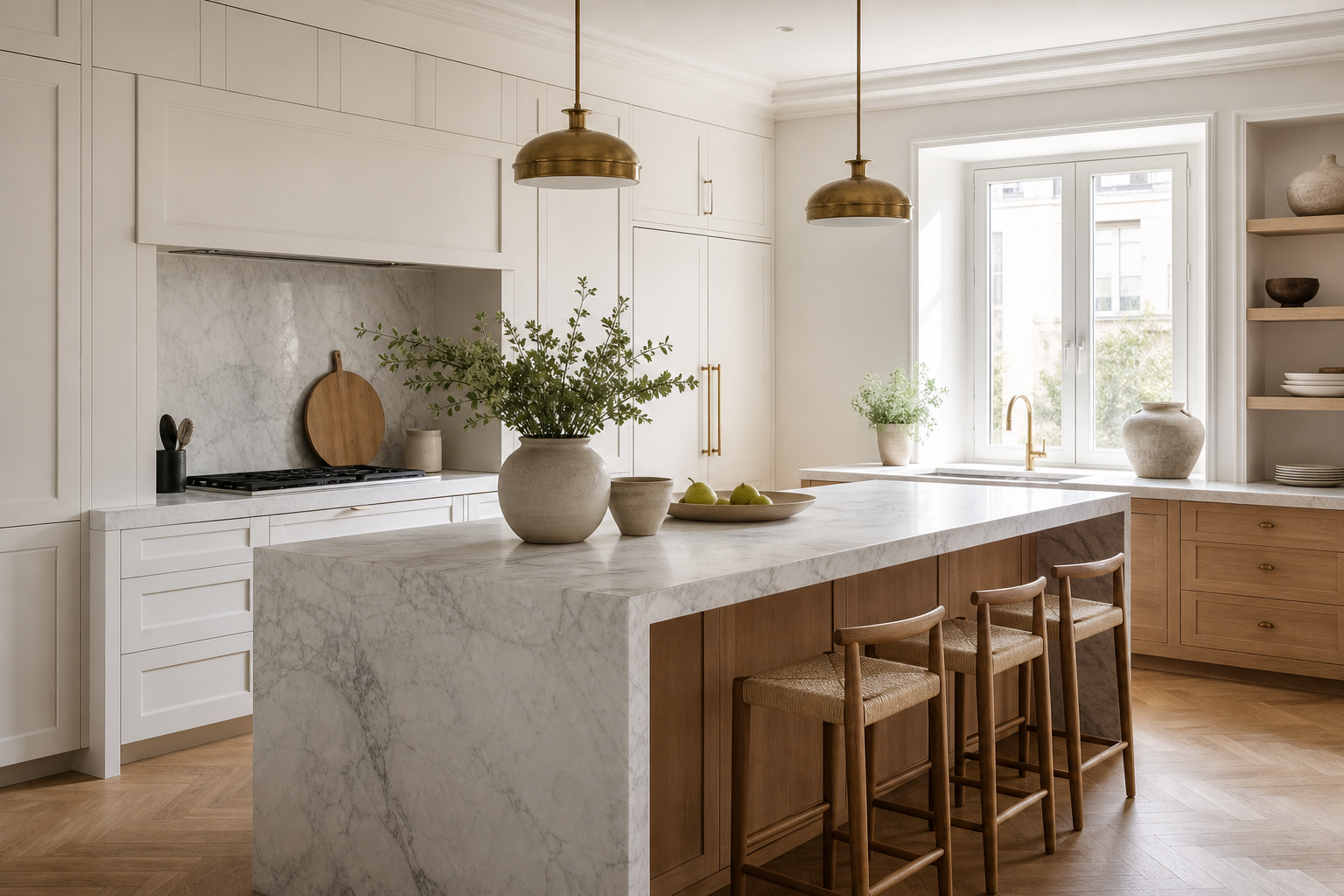 Cuisine moderne en bois clair et blanc avec îlot central