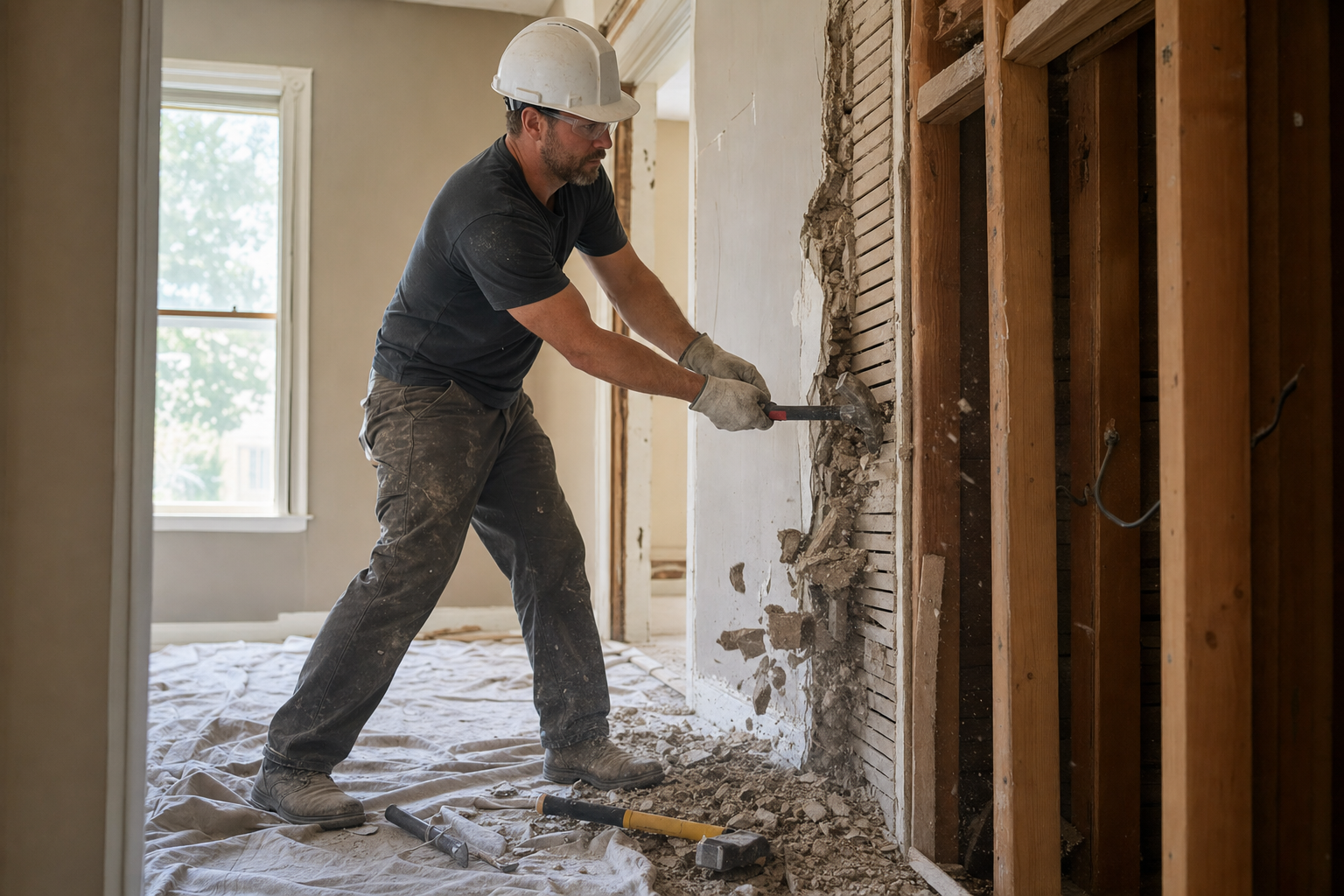 Ouvrier en chantier démolissant une cloison intérieure