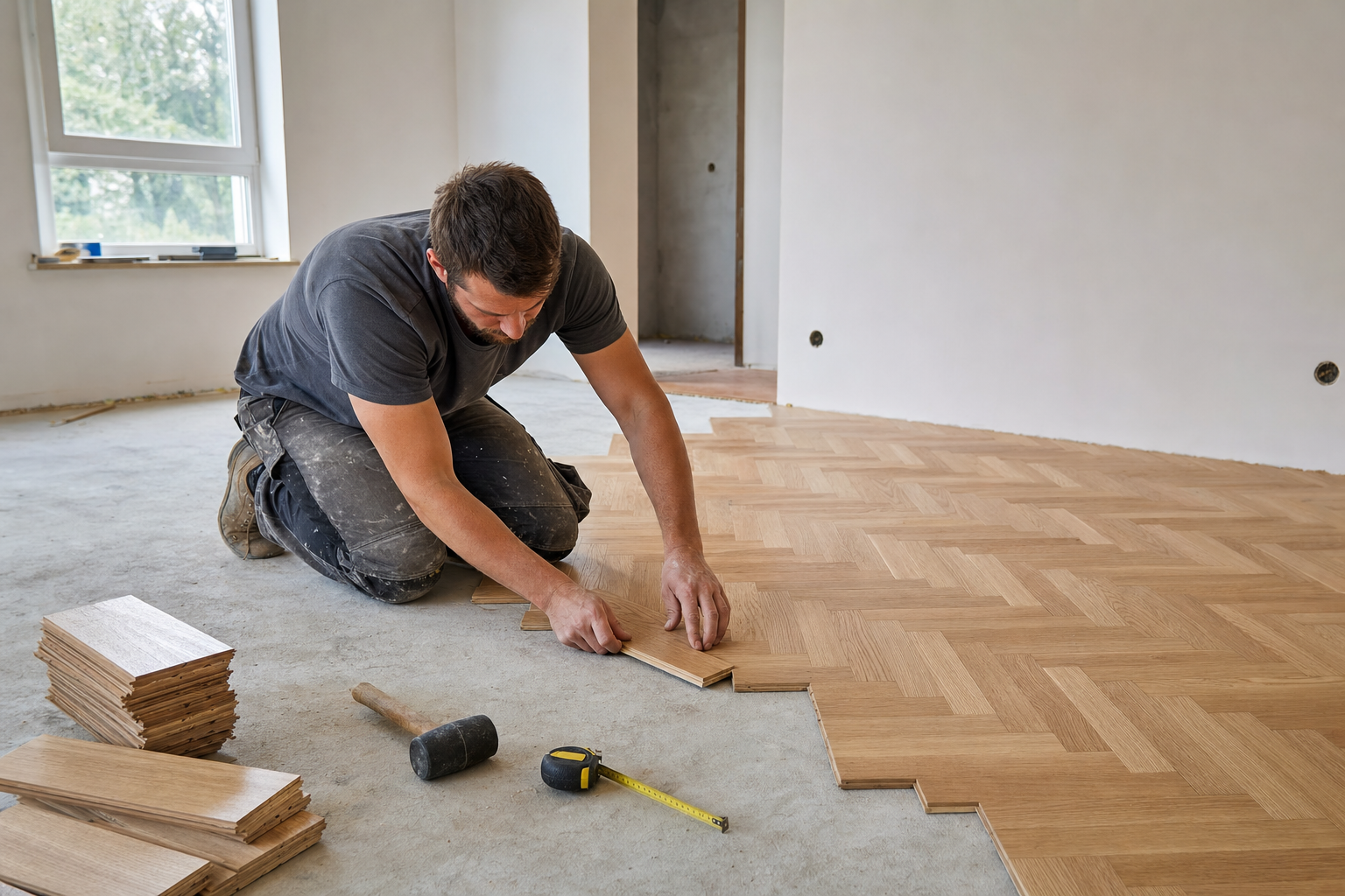 Artisan posant un parquet en chêne massif