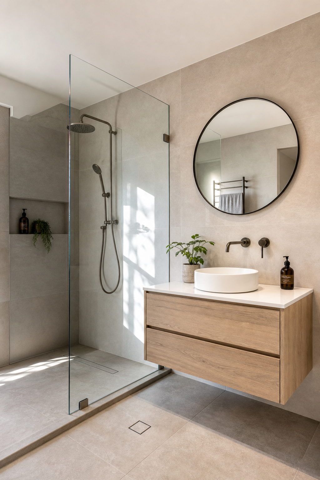 Salle de bain rénovée avec douche à l'italienne et faïence claire